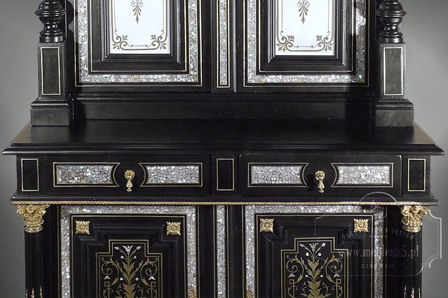 antyki Bielsko-Biała inkrustowany kredens perłą i mosiądzem